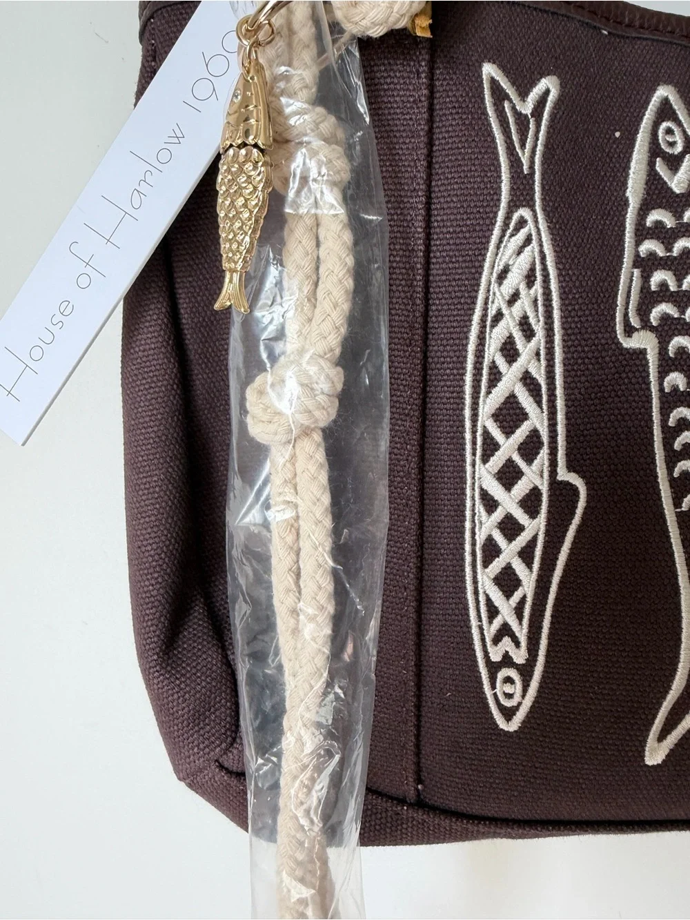 brown sardine fish Embroidered tote bag with charm